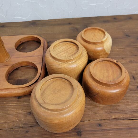 Wooden Caddy 4pcs Bowl with Serving Tray Set Brown Condiment Holder Light Weight - Picture 7 of 9
